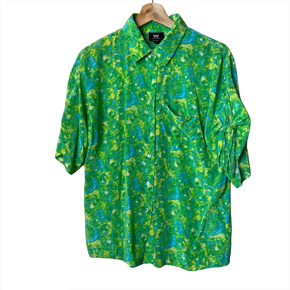 W by Worth Green Yellow Floral Tropical Abstract Silk Button Front Top